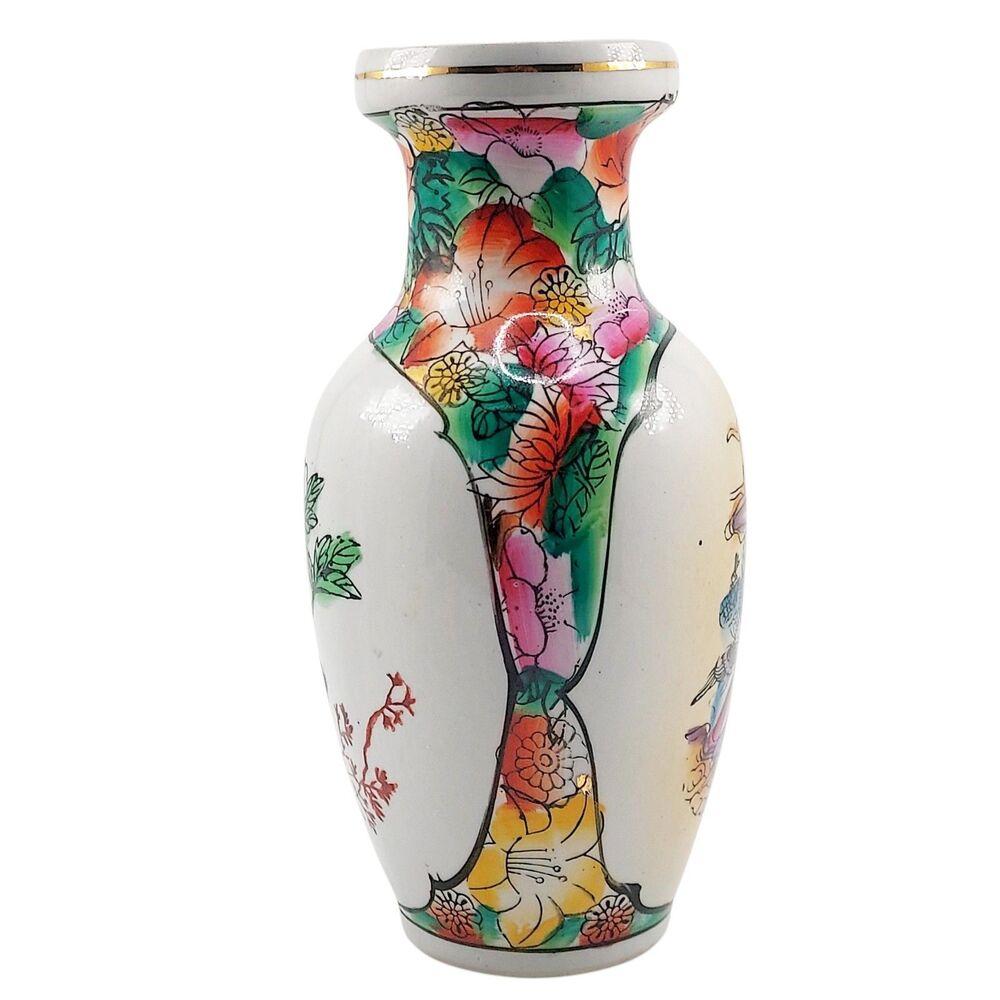 VTG 70-90's Chinese Hand Painted Enamel Geisha Peony 8.25" Vase Zhongguo Zhizao - Picture 5 of 12
